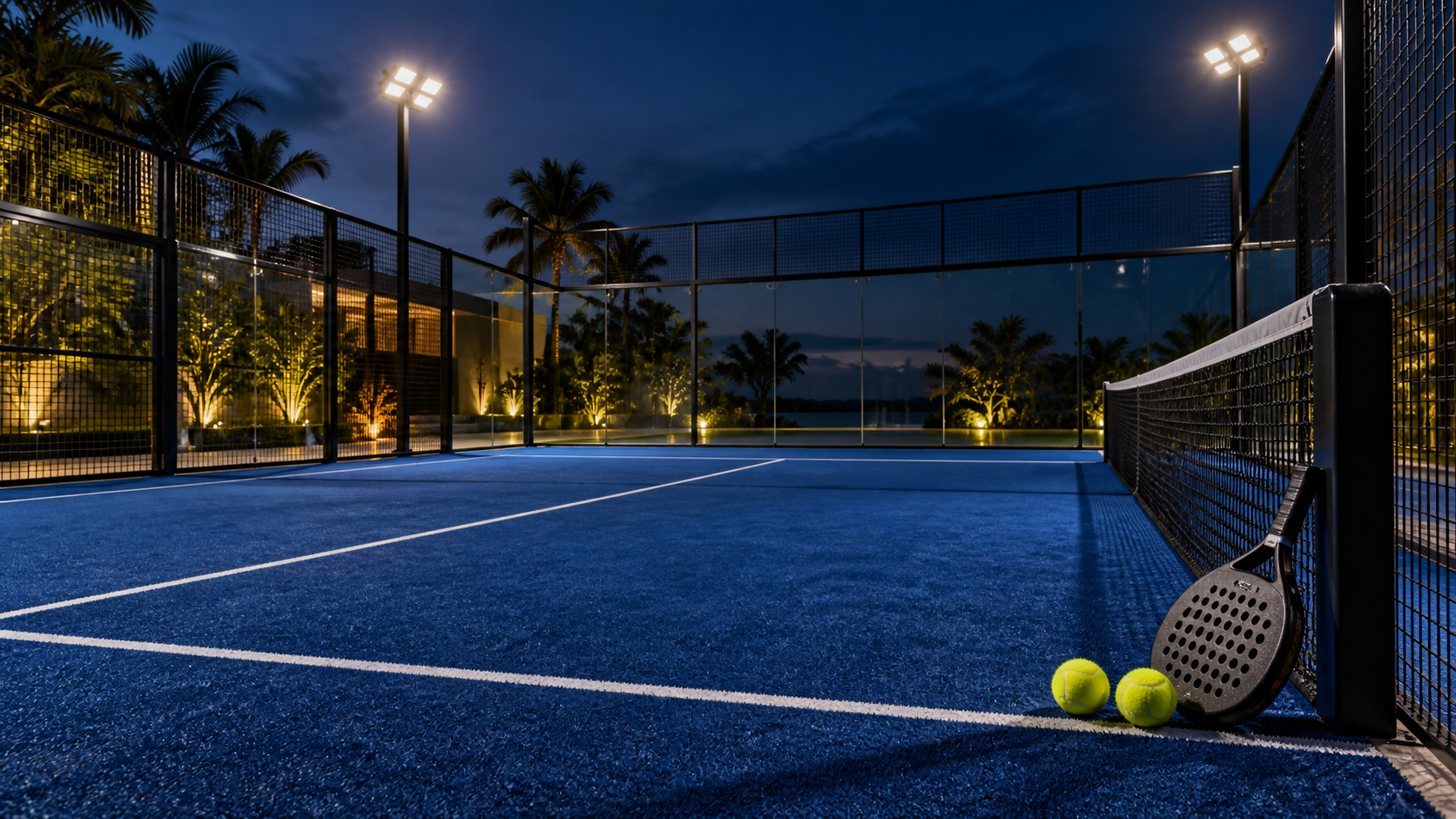 Lapangan padel modern pada malam hari